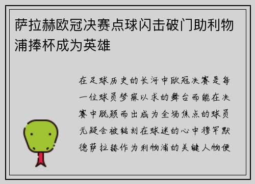 萨拉赫欧冠决赛点球闪击破门助利物浦捧杯成为英雄 萨拉赫欧冠决赛点球闪击破门助利物浦捧杯成为英雄