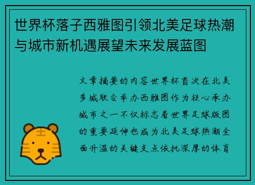 世界杯落子西雅图引领北美足球热潮与城市新机遇展望未来发展蓝图